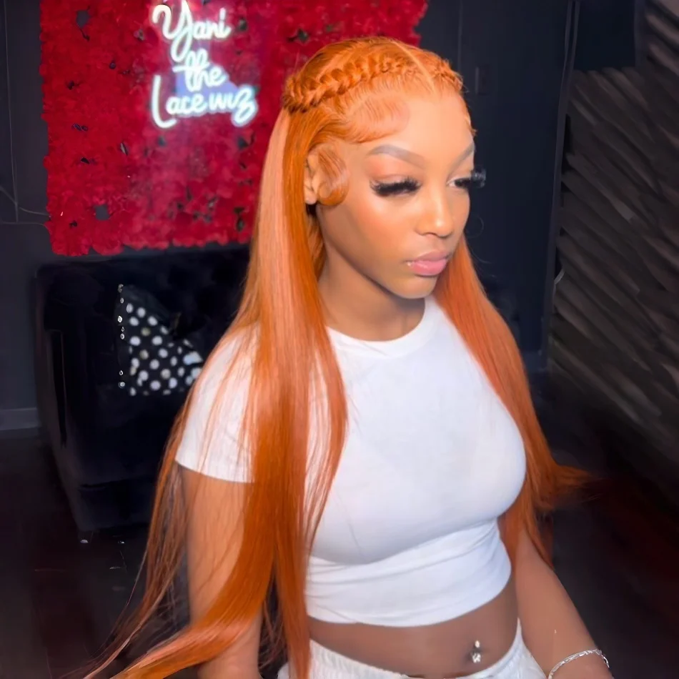 

Прямой парик из натуральных волос цвета имбирно-оранжевый, с кружевной передней частью 13x6, 13x4 HD, цветные парики с предварительно выщипанными прядями, бразильские, для женщин, 30-36 дюймов