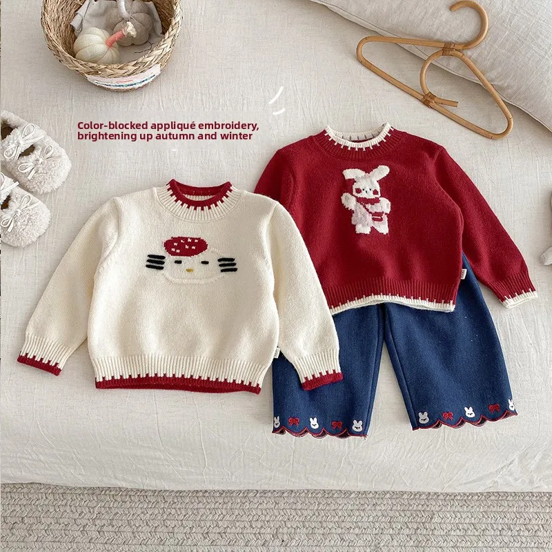 

Girl's Cartoon Sweater 2025 New Winter Baby Style Jacquard Little Rabbit Knitted Sweater Children's Korean Version Hoodie