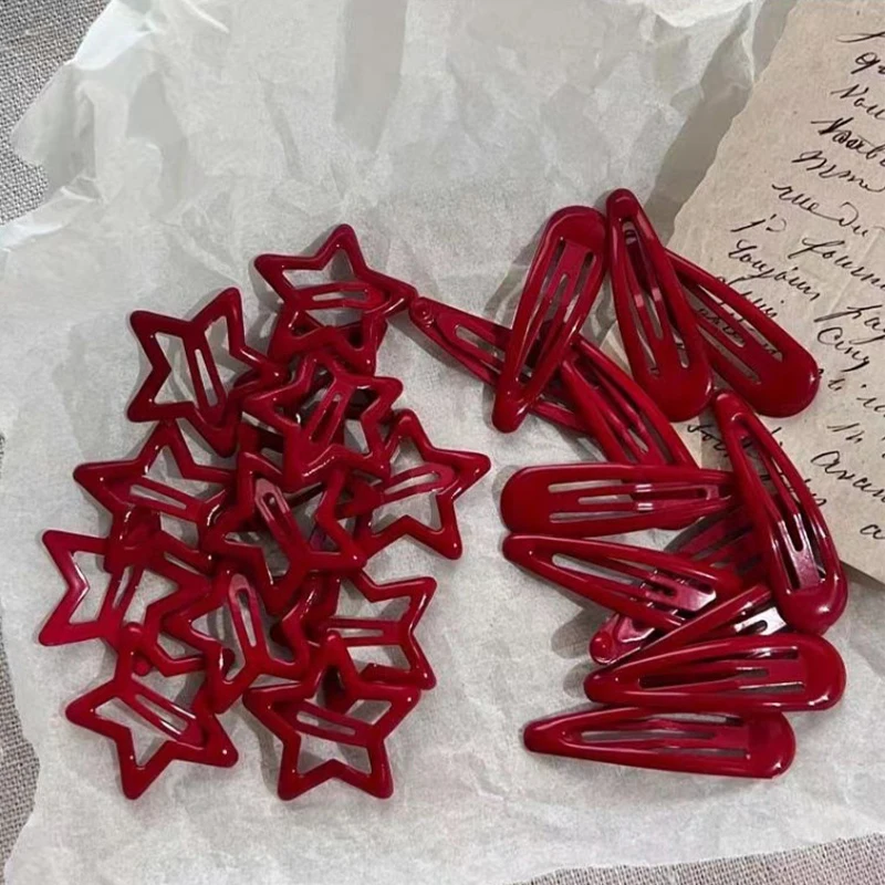 5pcs Y2k Cute Fashion Red Star Metal Snap Lucky Clip Hair Clips Women Girls Hairpins Barrettes Hair Jewelry Accessories
