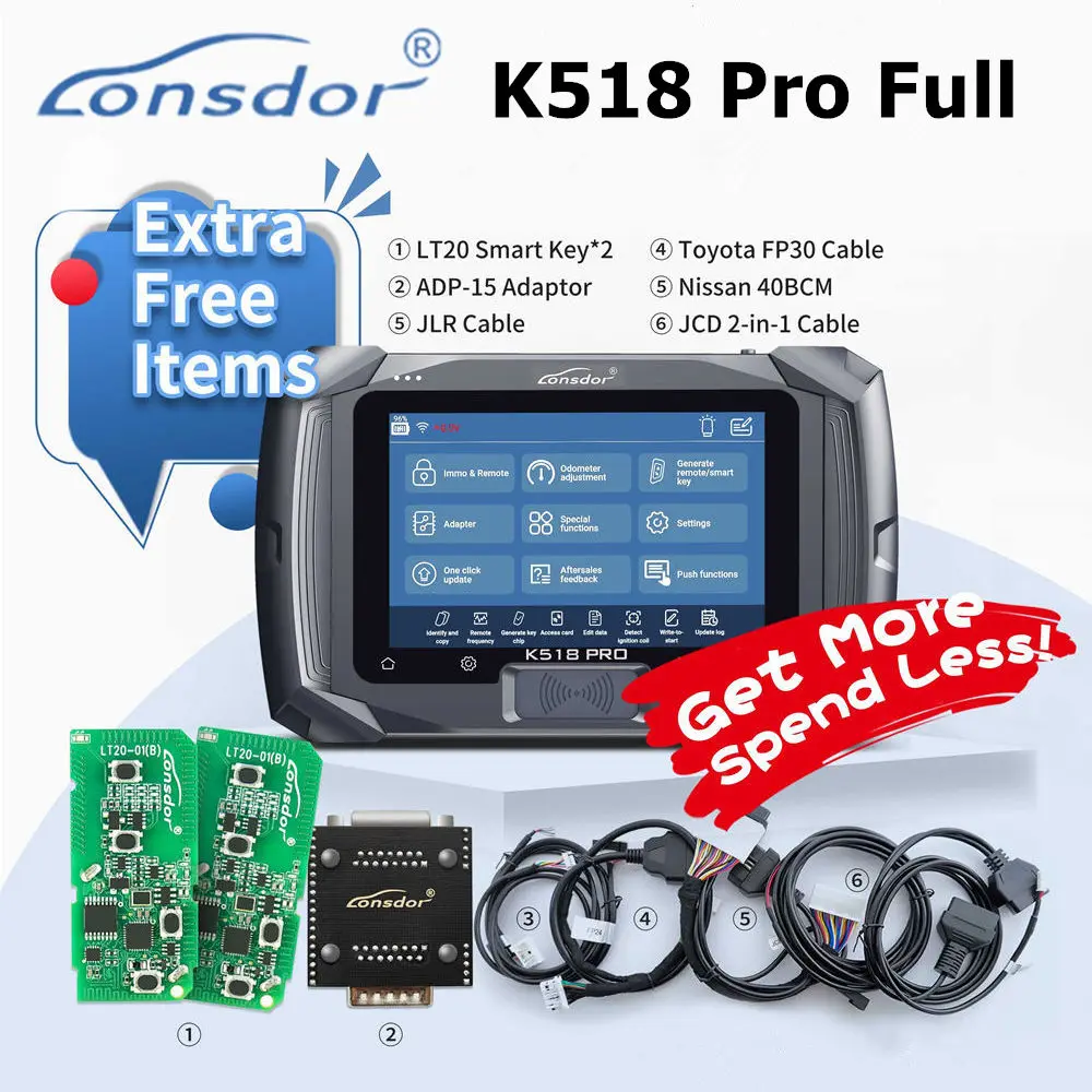 Lonsdor K518 PRO Full Global Version Programmer with LT20 Smart Key for Toyota FP30 Cable BCM Cable FCA 12+8 JLR ADP Adapter