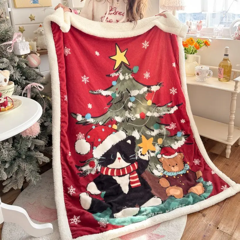 Cartoon Christmas Milk Fleece Blanket Winter Warm Lamb Fleece Sofa Blanket