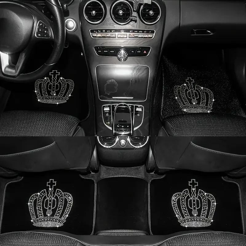 

5pcs Waterproof Rhinestone Diamond Crown Car Floor Mats Universal Auto Foot Pad Protector Automobile Interior Carpet Accessories