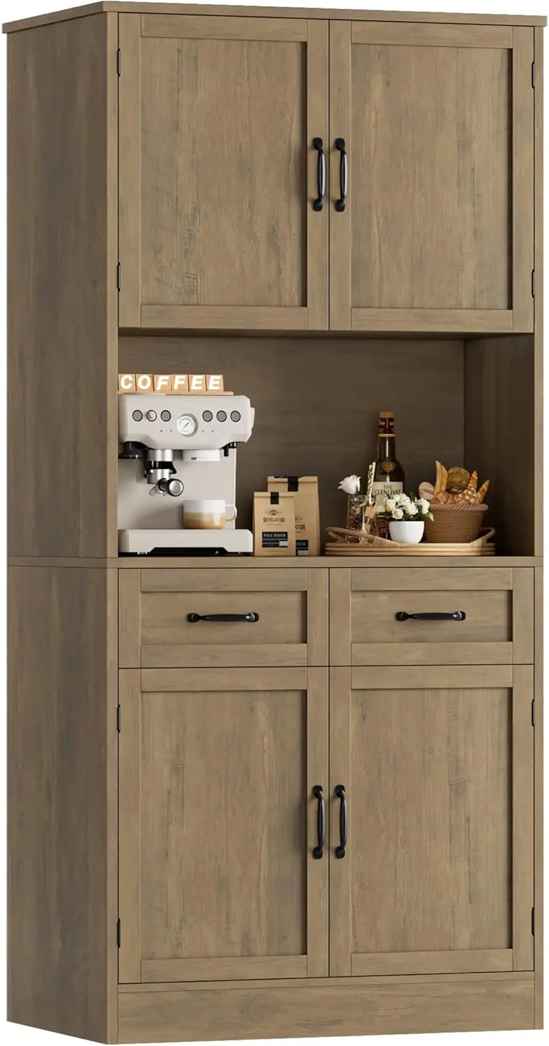 Gabinete de almacenamiento de despensa de cocina de 71 pulgadas de alto, gabinete de barra de aparador de cocina moderno con soporte para microondas, aparador de buffet de madera