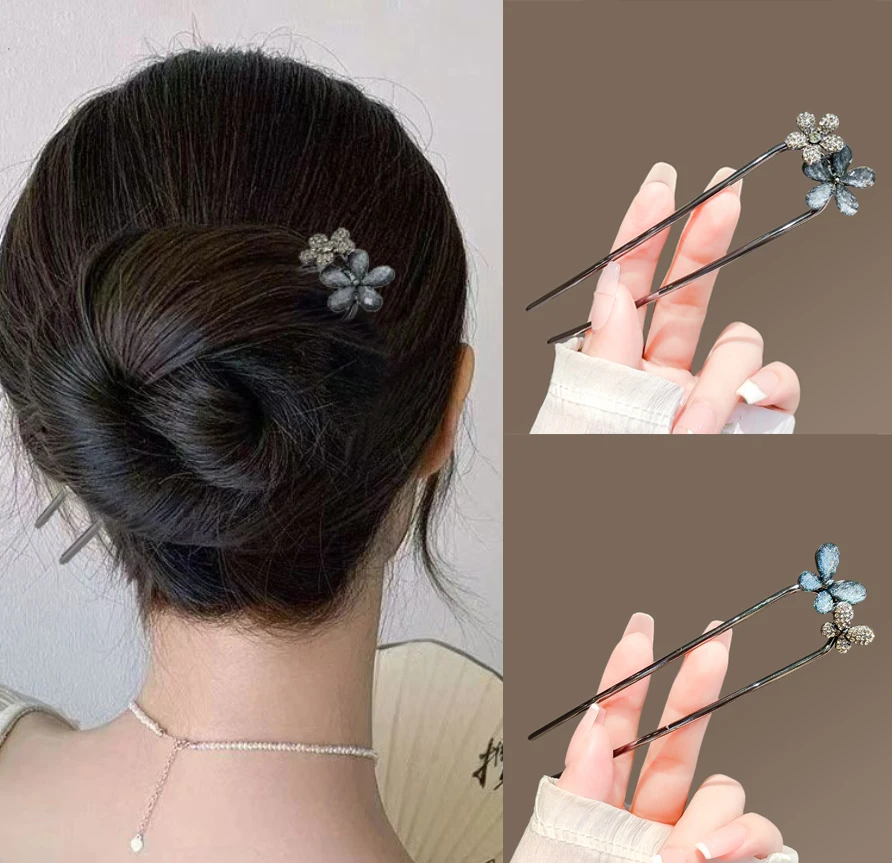 

Vintage Floral Butterfly Hair Stick For Women Girls Metal U-shaped Hairpin Blue Crystal Hair Forks Updo Bun Hair Accessoriesge