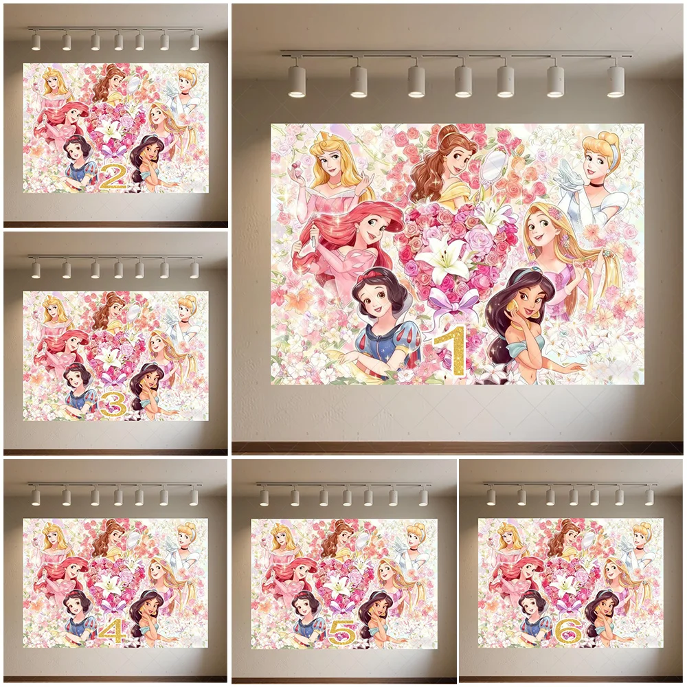 

1-26th Girl Birthday Party Decoration Ariel Jasmine Background Banner Flower Disney Princess Backdrop Supplies Photography Prop