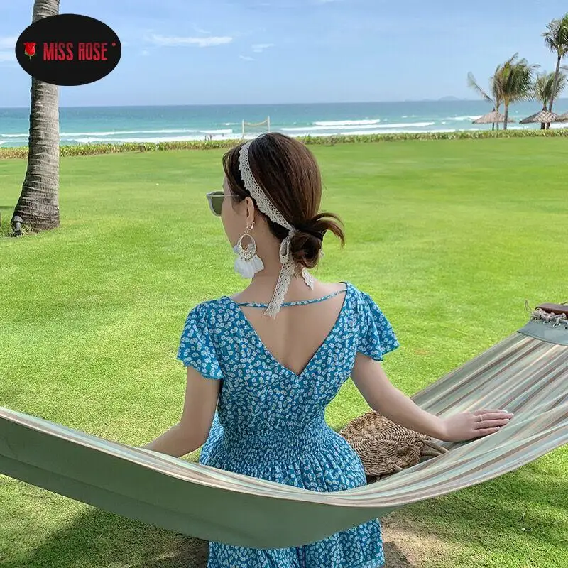 

Women V Back Bohemian Holiday Beach Dresses Pleated Ruffles A Line Umbrella Sundress Robe Blue Sweet Summer Long Sexy Vestidos