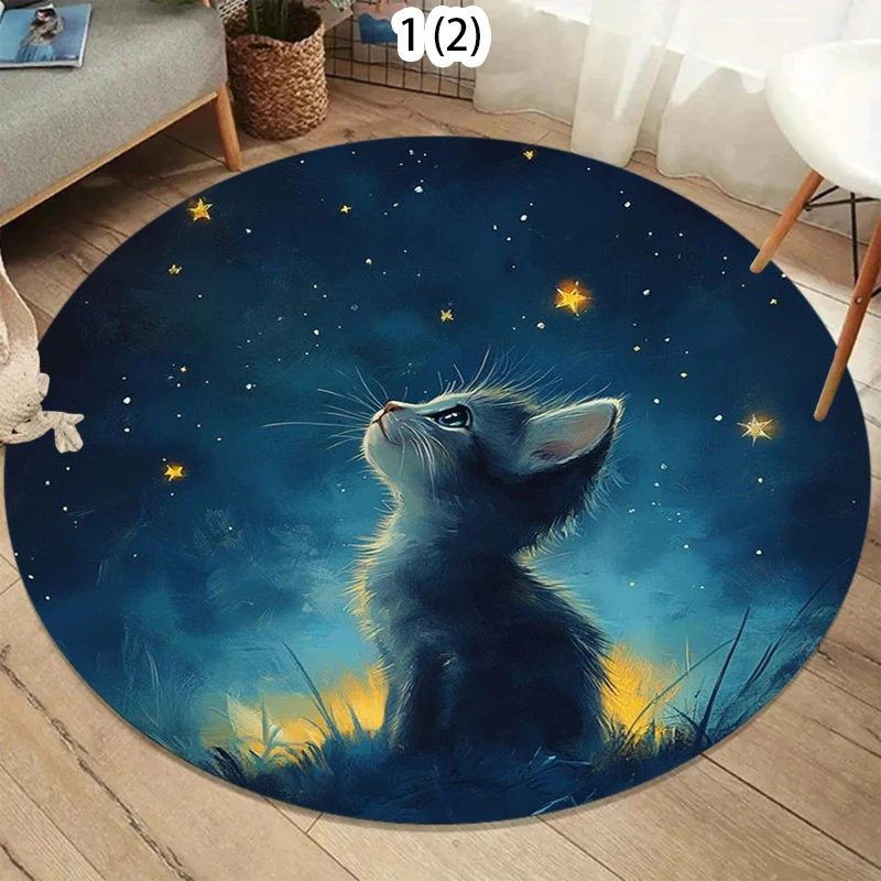 Starry Cat Rug Night Sky Round Felt NonSlip Carpet For Living Room Bedroom Bedside Galaxy Kitten Fantasy Home Floor Mat