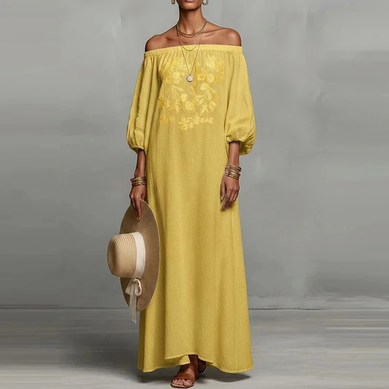 

Summer New Women Half Sleeve Loose Robes Temperament High Waist Simple Vacation Dresses Vintage One-shoulder Solid Pleated Dress