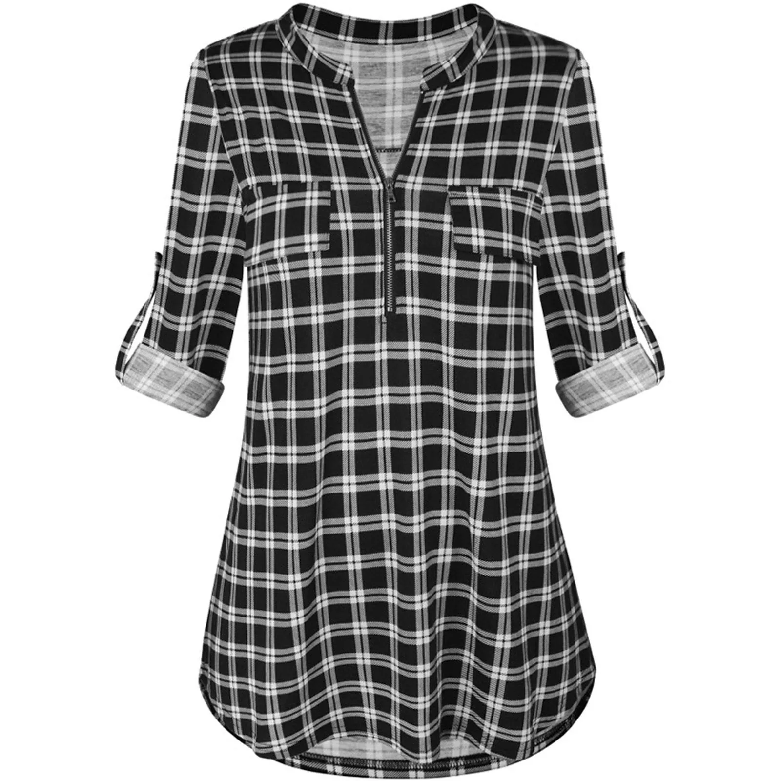 Womens Tunic Shirts Plaid Printed Blouses Casual Rolled Sleeve Zipped V-Neck Tunic Tops Blouse Ladies Spring Autumn Tops blusas