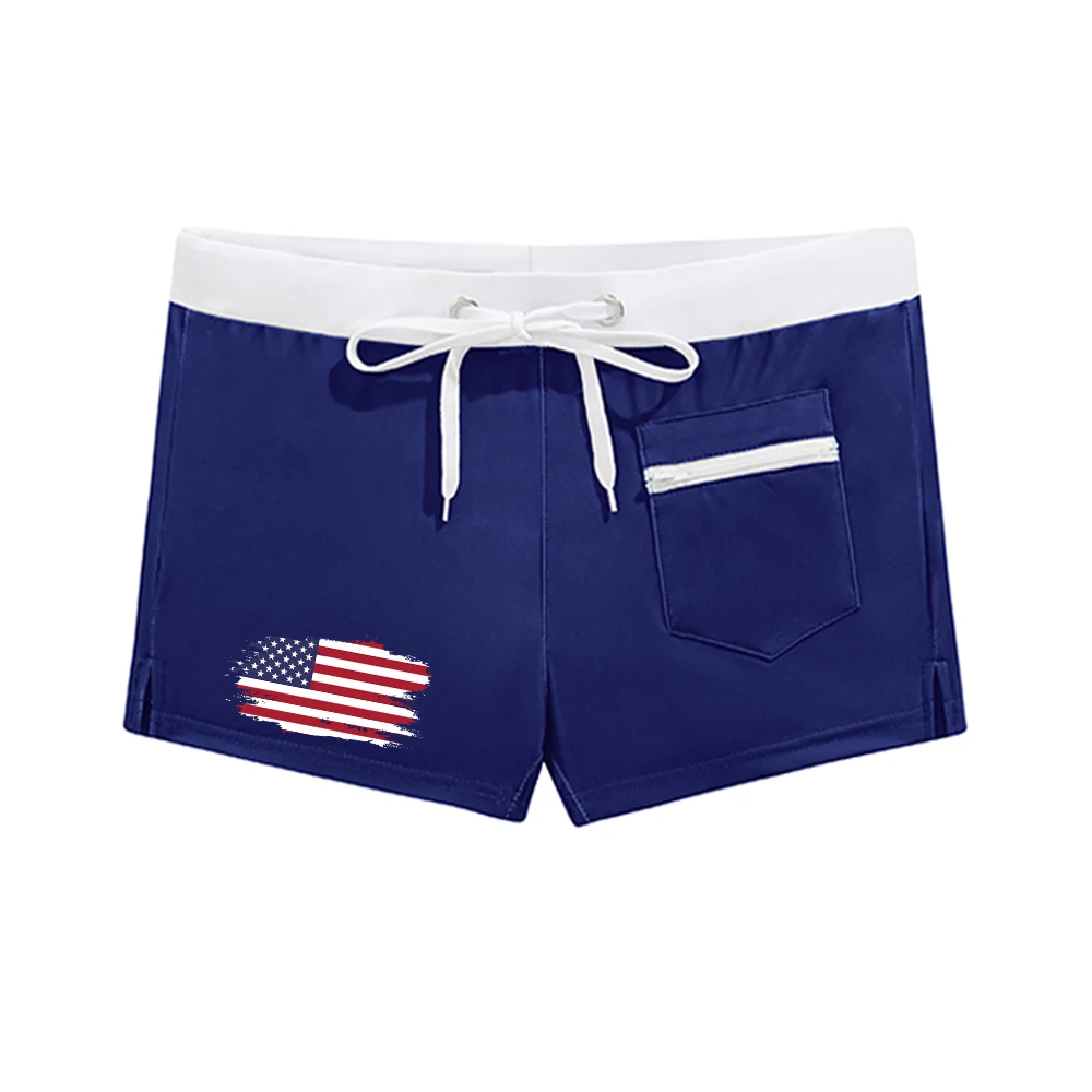 

Men's Flag Print Beach Shorts Summer Casual Breathable Swim Trunks Swimsuit With Zipper Pockets And Drawstring Beachwear