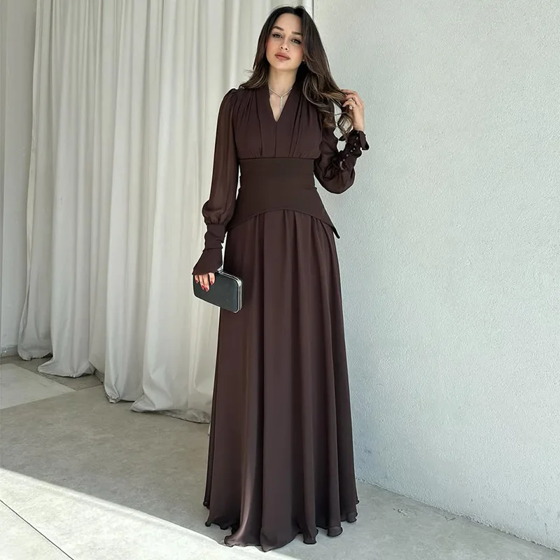 

New in 2026, European and American v-neck pleated waist seal long sleeve elegant fashion dress