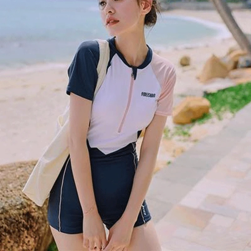 2023 Summer Korean Youth Style Women's Conservative Fashion Waist Retraction Surfing One Piece Zipper Beach Bathing Suit