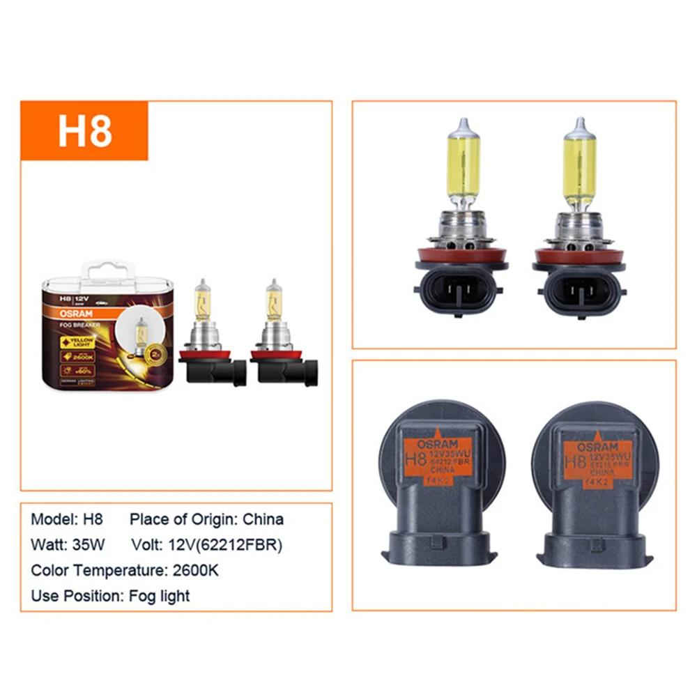 OSRAM FOG BREAKER H8 62212FBR PGJ19-1 12V 2600K Headlight +200% Yellow Fog Light +60% Bright Car Halogen Lamps (Pair)