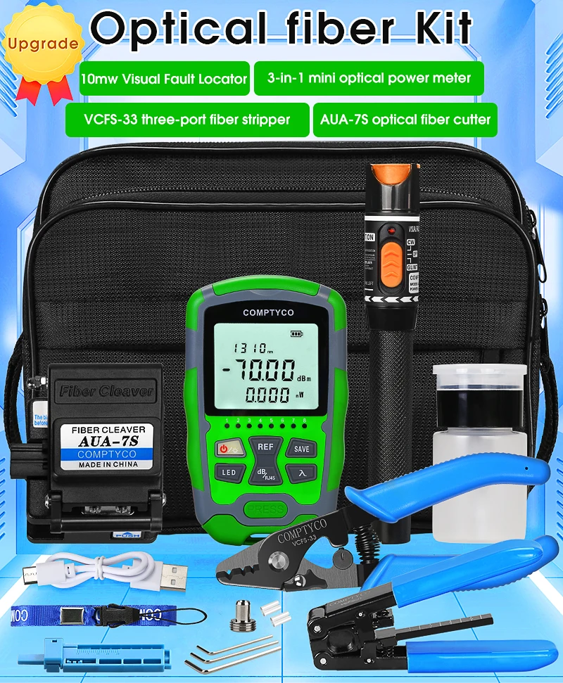 

19pcs FTTH Tool Kit with -70~+10dBm Optical Power Meter 10MW Visual Fault Locator fiber optic equipment VFL OPM AUA 7S