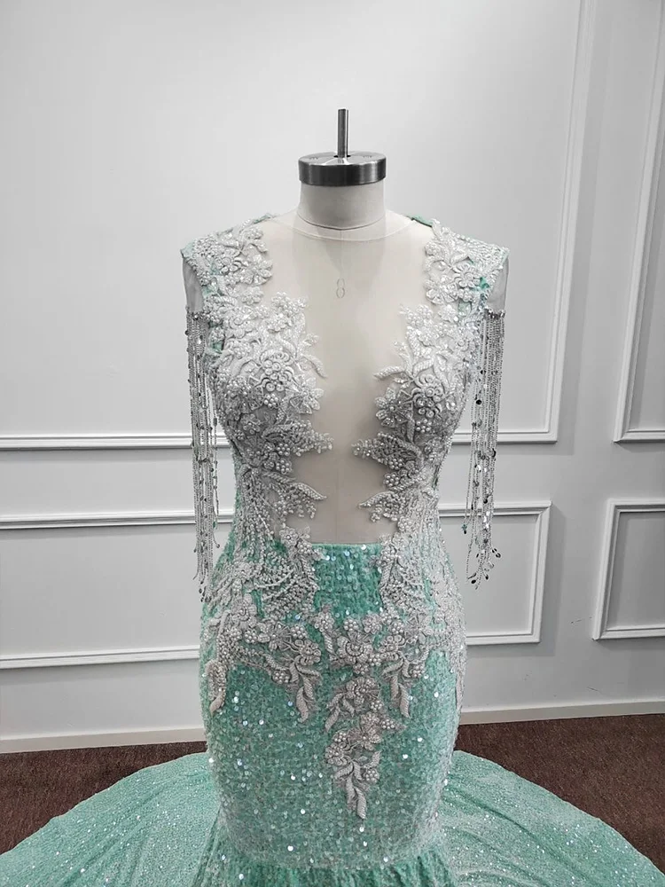 Sparkly Sequined Mint Green Prom Dress Pearls Beading Mermaid Appliques Embroidery Formal Party Evening Gowns Vestido De Fiesta