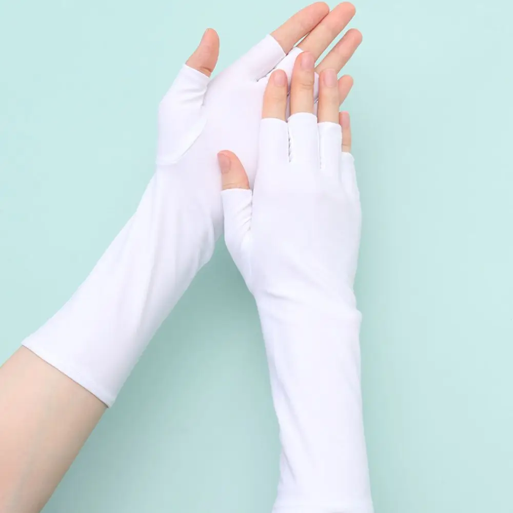 Sunscreen Protection Fingerless Long Gloves Women Arm Cool Summer Solid Mittens Half Finger Sleeves Black White Nude