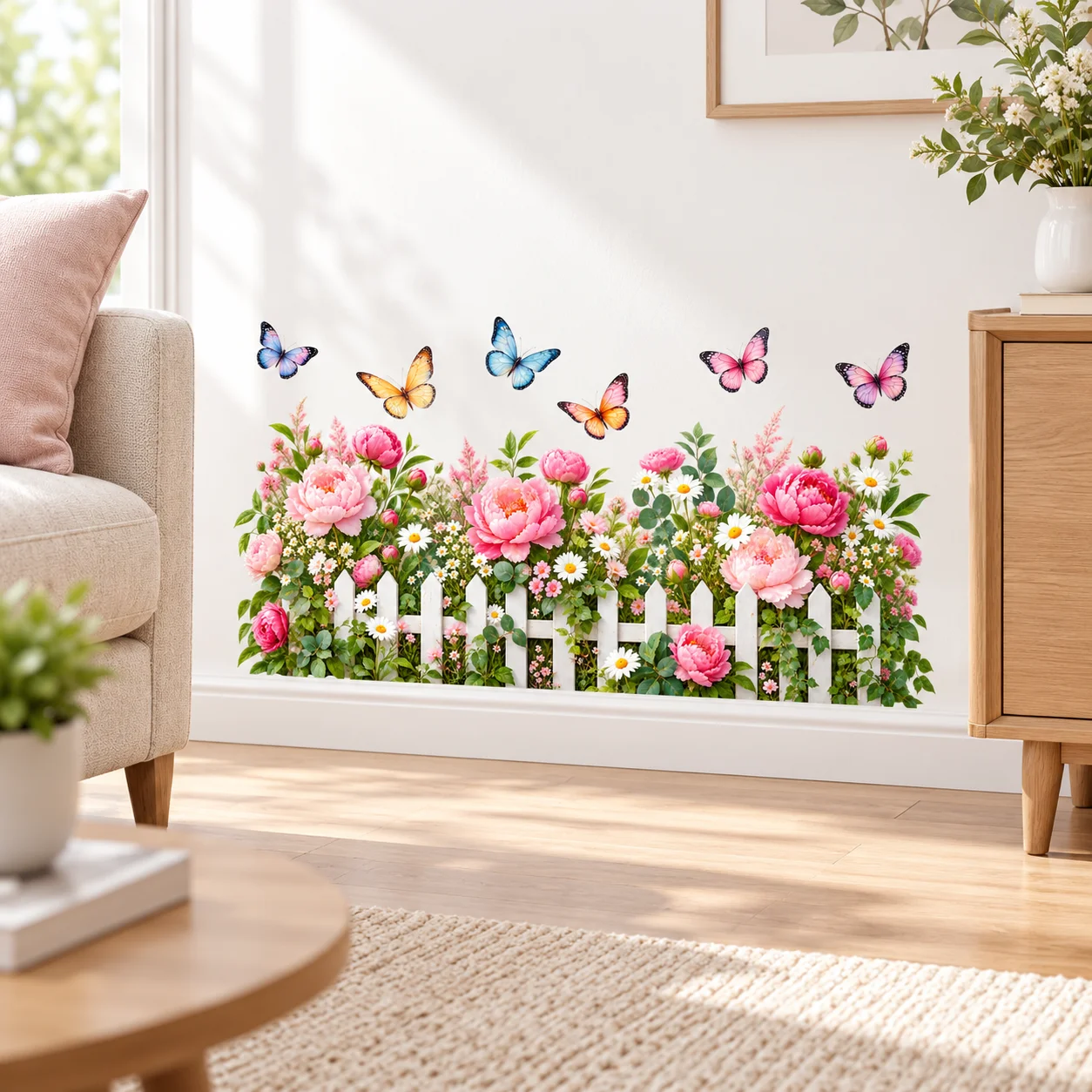 Flower Wall Decals Pink Peony Daisy Butterfly White Picket Fence Baseboard Sticker Living Room Bedroom Home Decor