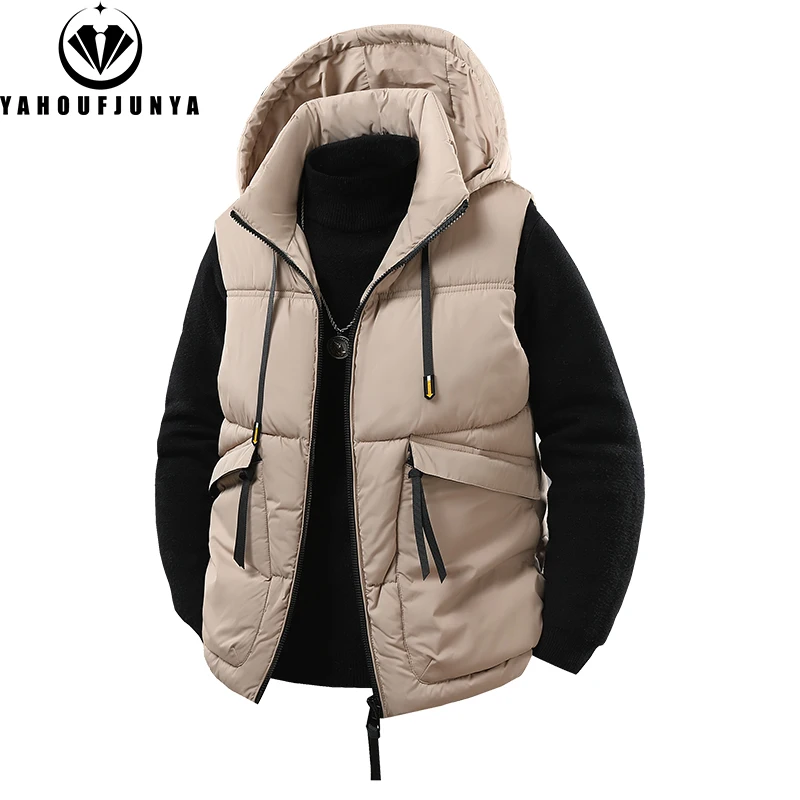 

Spring Men Sleeveless Warm Detachable Hooded Vest Men Autumn Outdoor Windproof Casual Fashion Loose Brand Zipper Vest Male Coat