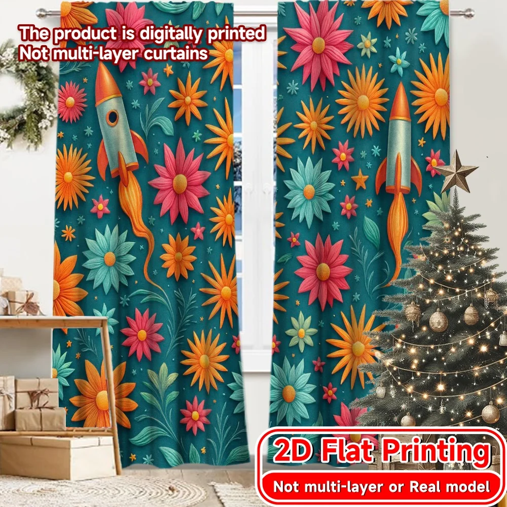 2D Flat Printing,2pcs New Year Rocket Chic Curtains&Drapes Durable Polyester Curtains Decorations For Home for Living Room,
