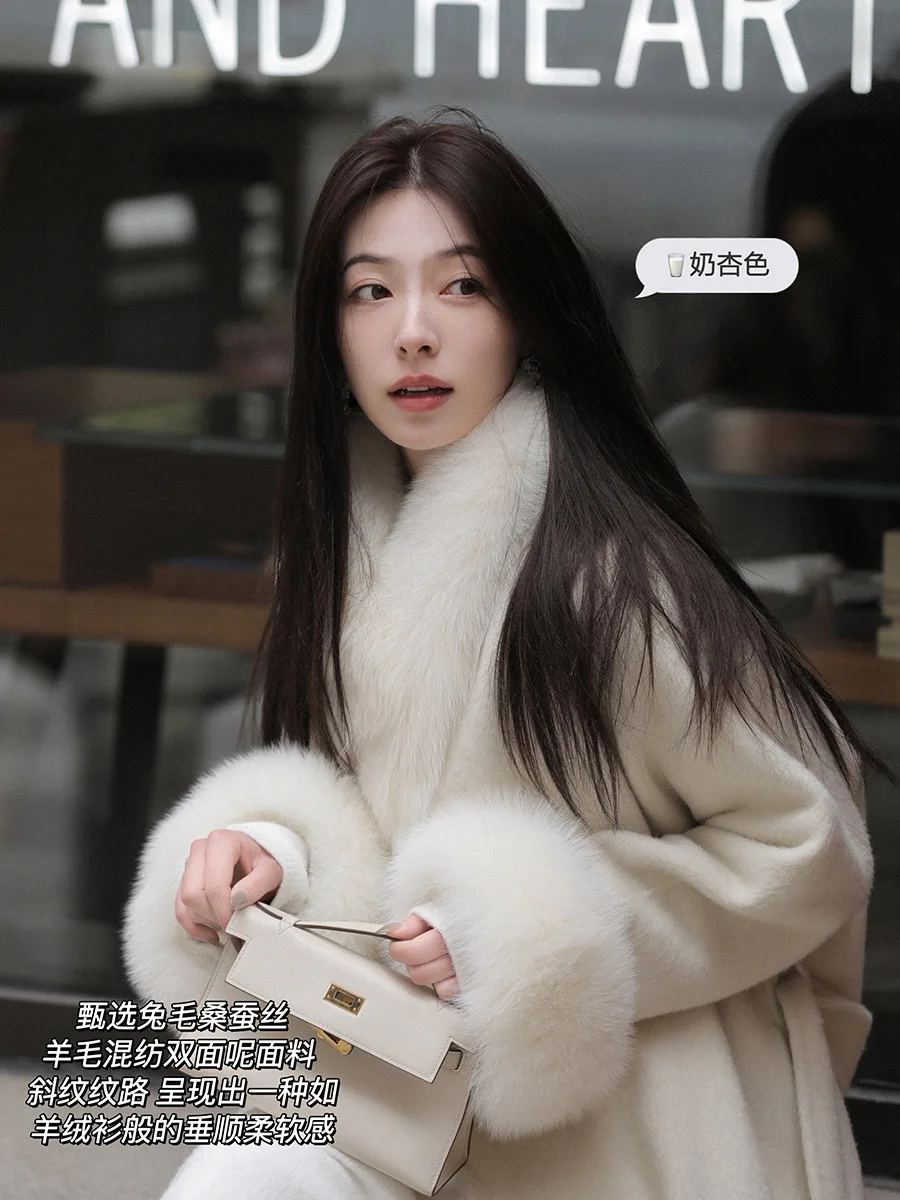 Women Real Fox Fur Collar Loose Long Robe Pocket Coat With Belt Winter Warm New Fashion Poncho Cloak Woolen Streetwear Overcoat