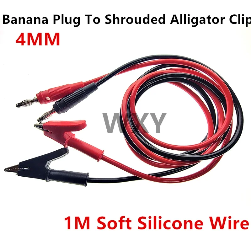 1pcs 4mm Banana Plug To Shrouded Alligator Clip Cable Leads 1M Soft Silicone Wire for Testing Probe