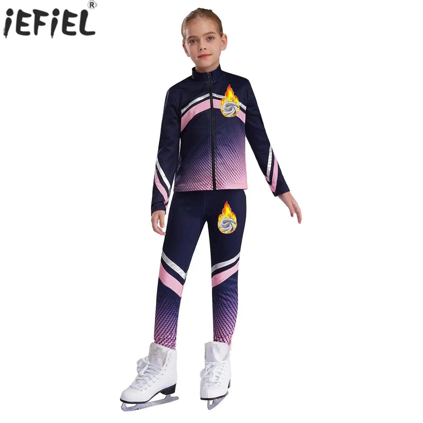 Kids Girls Sports Sets Gradient Dots Print Zipper Sweatshirt with Leggings for Figure Skating Gymnastics Workout Performance