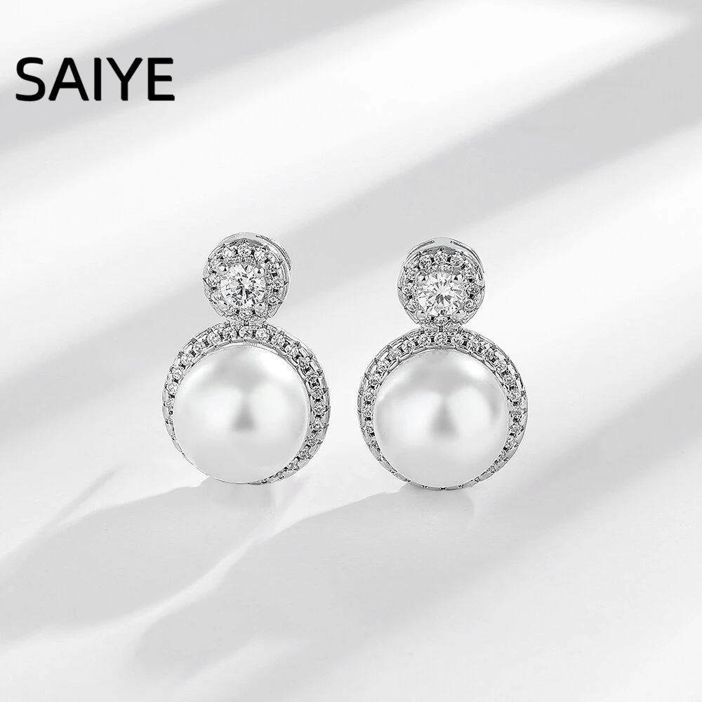 925 Sterling Silver Halo Paved CZ Imitation Pearl Drop Earrings for Women Two Tone Dangle Earrings Wedding Fine Jewelry Gift