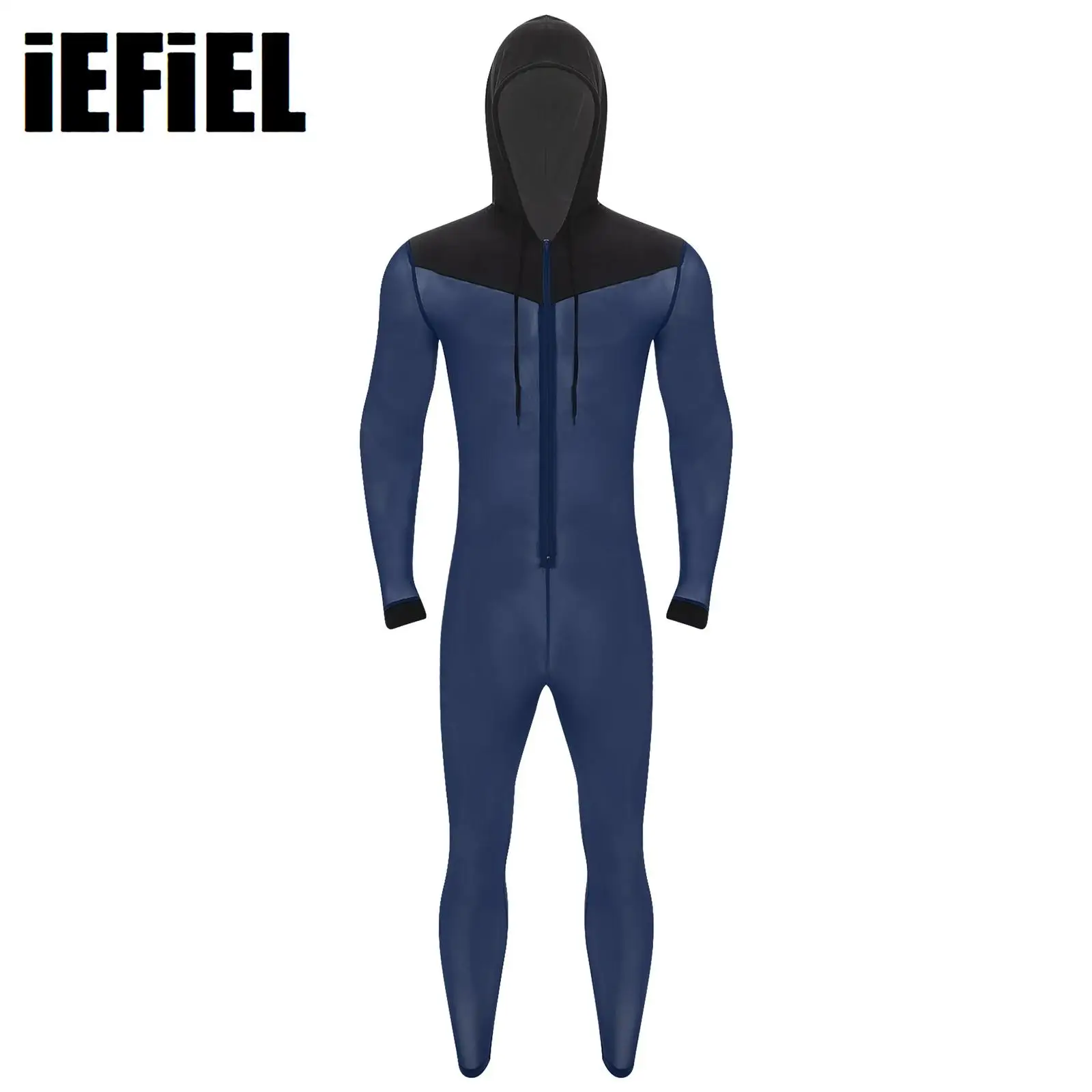 Men See Through Sheer Jumpsuit Skinny Full Body Mesh Bodysuit Hooded Long Sleeve Front Zipper Jumpsuit Club Wear