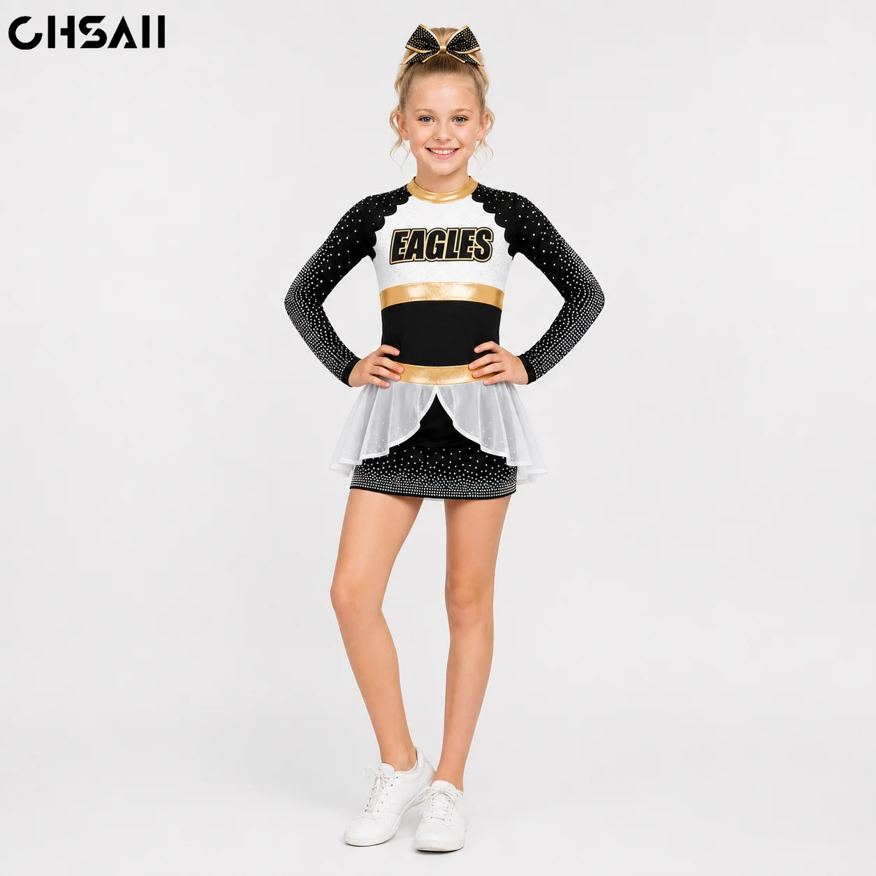 Girls Black Gold Rhinestone Cheerleading Uniform Long Sleeve Mesh Skirt Leotard Kids Team Competition Dance Costume Outfit Youth