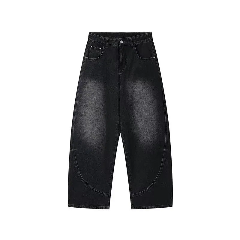 Men Vintage Washed Curved Stitching Wide Leg Jeans Loose Baggy Denim Pants