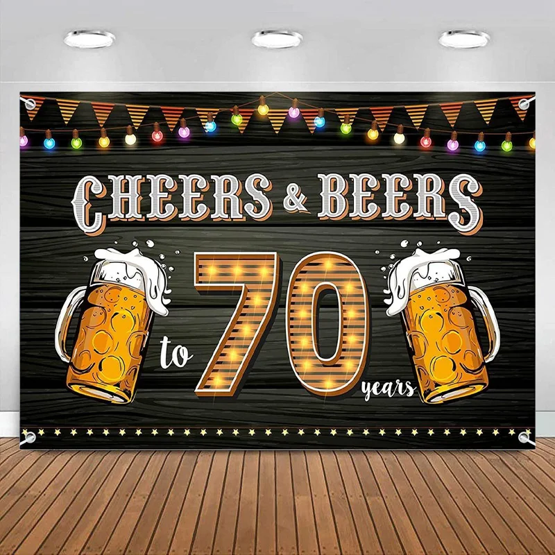 

Happy 70th Birthday Banner Backdrop Cheers and Beers to Decorations Party Anniversary Supplies men women Photography Background