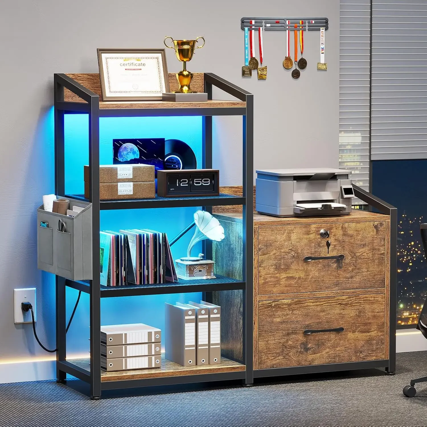 35.4” File Cabinet, Filing Cabinet fits Letter/A4 Size, 2 Drawe File Cabinets for Home Office with Power Strip, LED Light