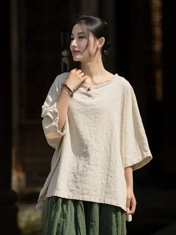 Retro Chinese Style Five-Quarter Sleeve Cotton Linen T-Shirt Women's Summer New Fashion Buddha-like Zen-minded Pullover Top
