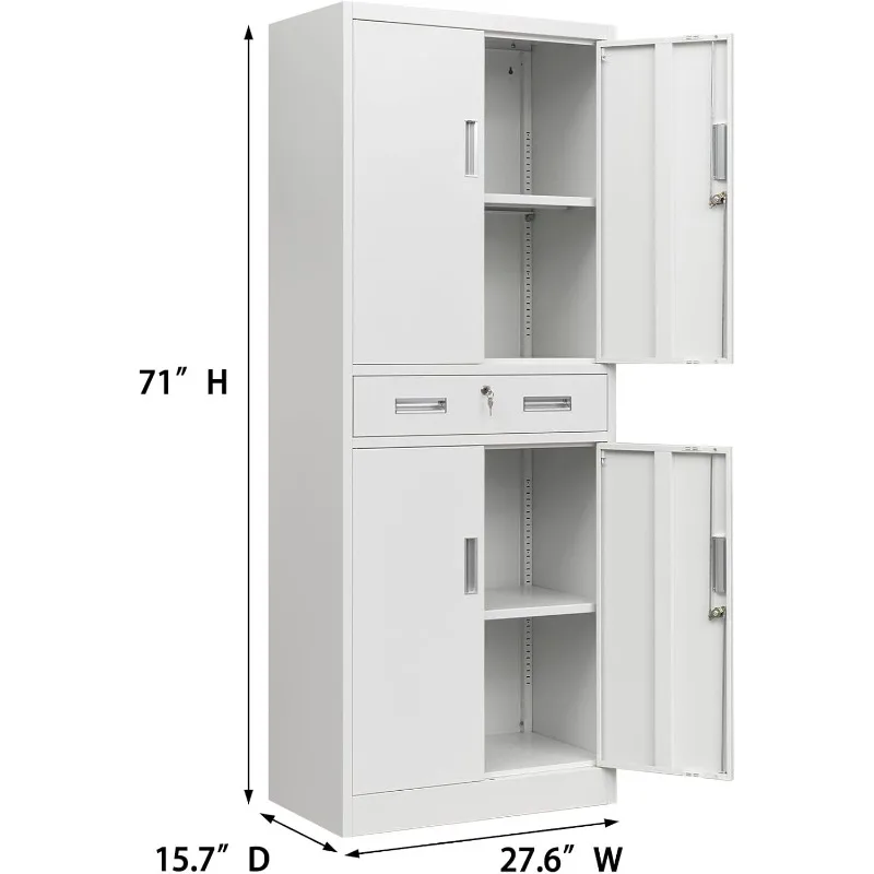 Metal Cabinet, Garage Storage Cabinet with Drawer and Adjustable Shelves for Garage, Office, School - White