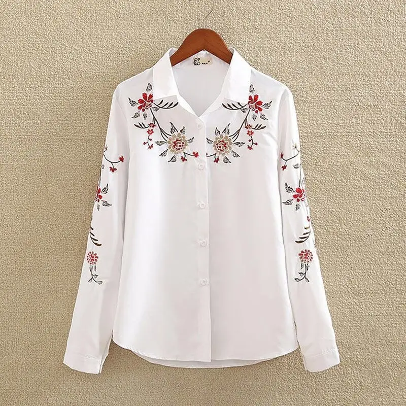 2025 Spring New Embroidered Embroidered Shirt Women Long-sleeved Bottoming Shirt Plus Fat Plus Size Women White Shirt Button Top
