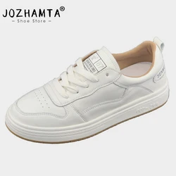 JOZHAMTA-Zapatillas de cuero auténtico con plataforma para mujer, zapatos de tacón bajo con cordones, color blanco, talla 35-40