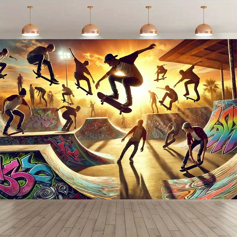 Skateboard Park Action Scene Graffiti Ramps Sunset Skateboarding Adventure Tapestry Wall Hanging Teen Room Sports Theme Decor