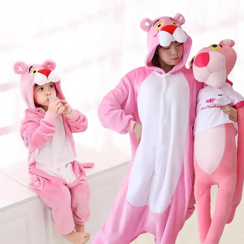 Anime Cartoon Pink Panther One-Piece Hooded Plush Pajamas Y2K Cute Pink Panther Anime Long-Sleeved Naughty Leopard Home Wear Set