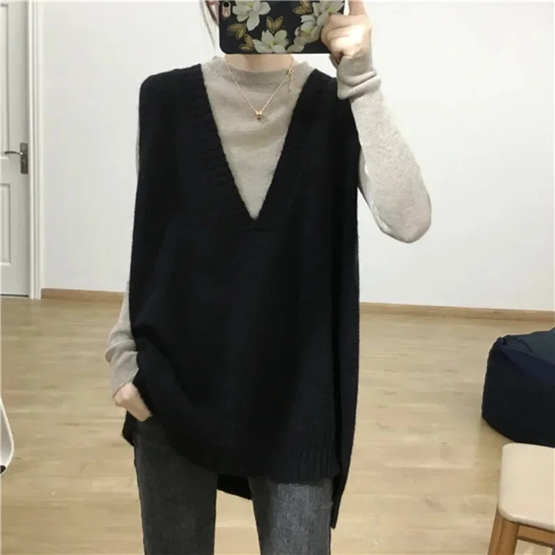 Rompi Sweater mode mantel wanita baru longgar V-neck rompi wanita musim gugur musim dingin warna Solid rajutan mode rompi longgar atasan E4657