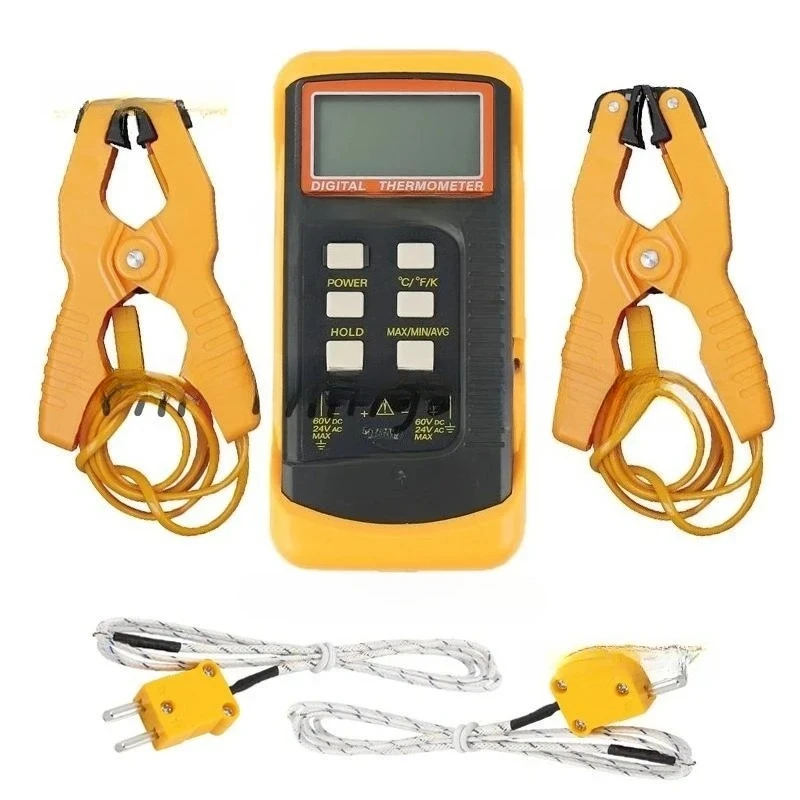 Digital K Type Thermocouple Thermometer(-50-1300°C) Dual Channel, 2 Thermometer Pipe Clamp and 2 Sensor Probes