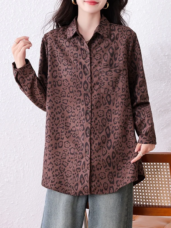 

Faionable Korean Sle Leopard Print irt Women's Loose Fit Slimming Versatile Turn-down Collar Outerwear Autumn New Arrival