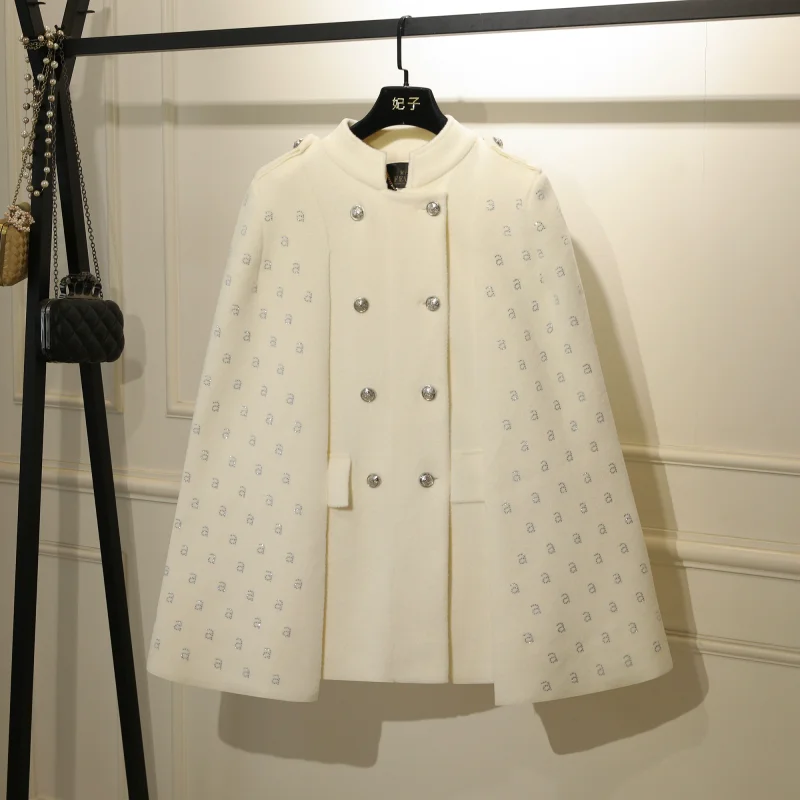 

Women Winter Double Breasted Long Casual Stand Collar White Black Tweed Style Cloak Cape Woolen Coat Outwear