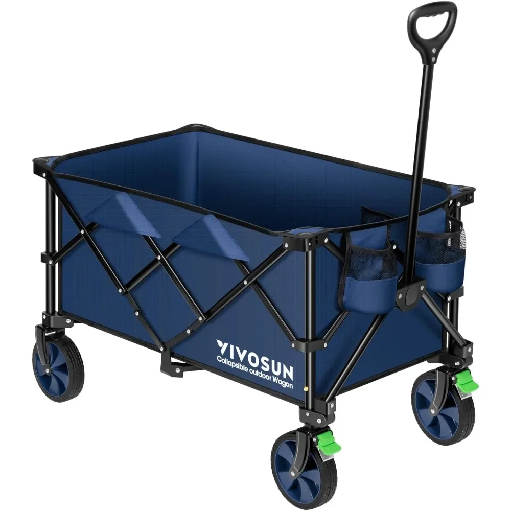 

Garden Cart, Collapsible Wagon Outdoor Utility with Silent Wheels Carts Cup Holders &Side Pocket, Adjustable Handle, Garden Cart