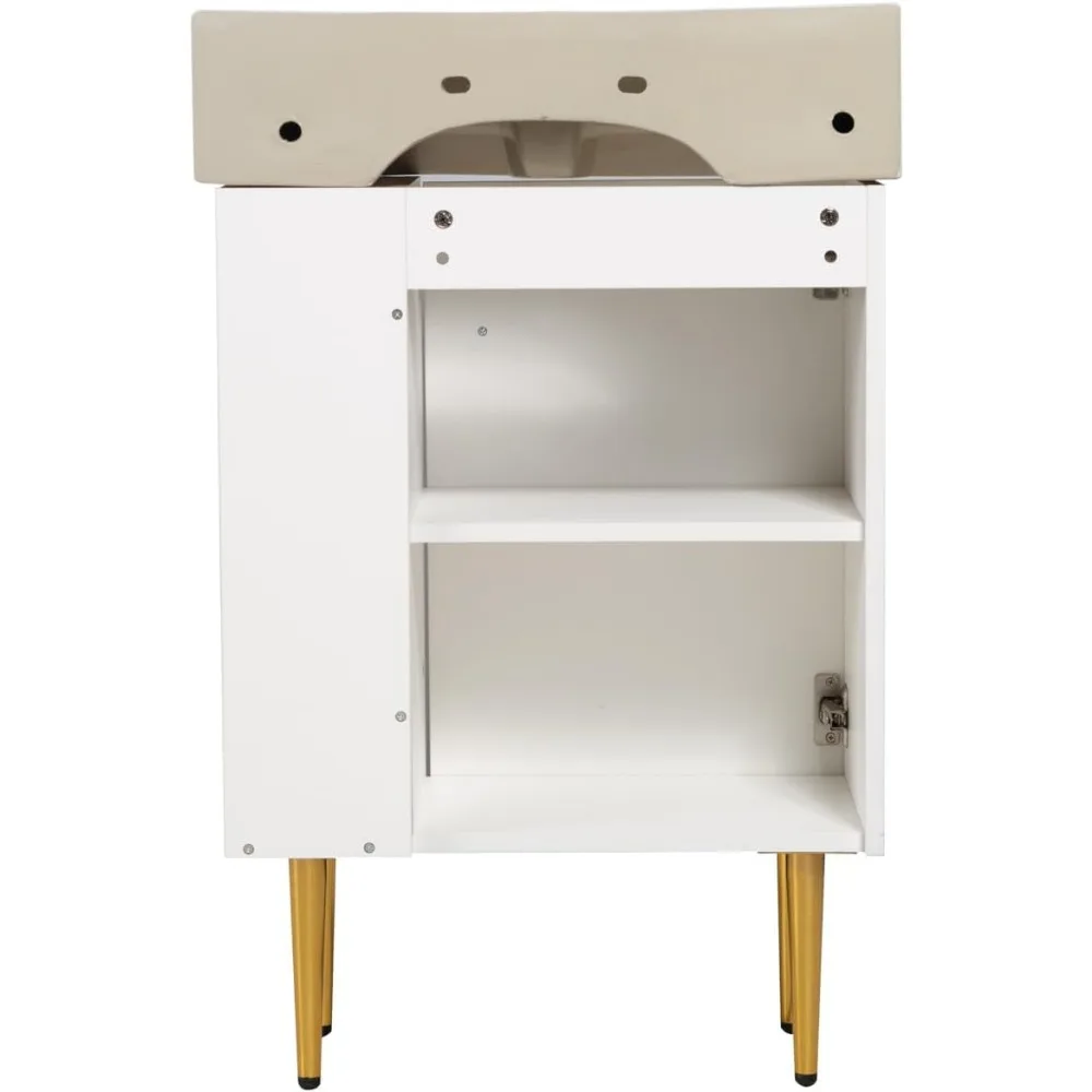 Tocador de baño de 21,6 "con lavabo de cerámica individual, gabinete combinado de almacenamiento tipo, estante abierto lateral derecho, para espacio pequeño, blanco