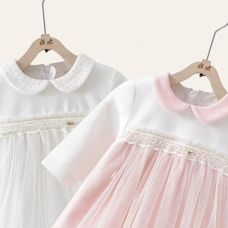 0-24M Newborn Princess Dress Autumn Winter Long Sleeve Mesh Dresses Toddler Girls Elegant Velvet Dress Baby Baptism Outfits