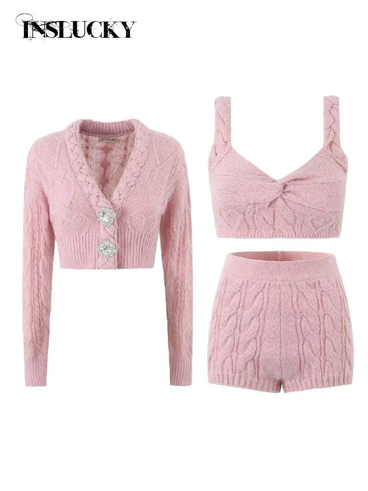 InsLucky-Winter Braided Sweater Set for Women,Knitted Cropped Tops and Shorts,Diamonds Button Cardigan,Elegant Three Piece Sets