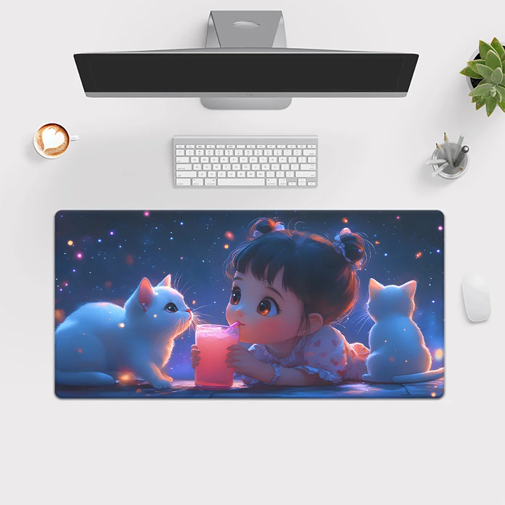 1pc The Girl Drinking Juice And The Little White Cats Mouse Pad, Keyboard Gaming Accessories Mouse Mat, Computer PC Gamer Laptop