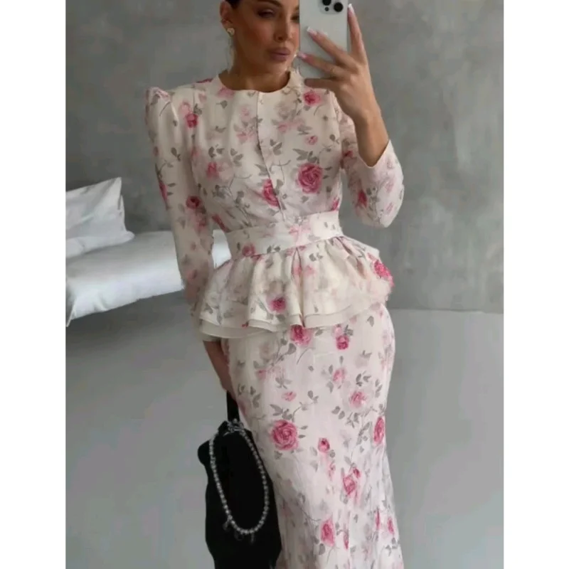 Herbst Neue frauen Faion Gedruckt f Rock Set Lange Sve Schlank Layered Taille-Cinching Top Und Rock Zwei-stück Ensemble