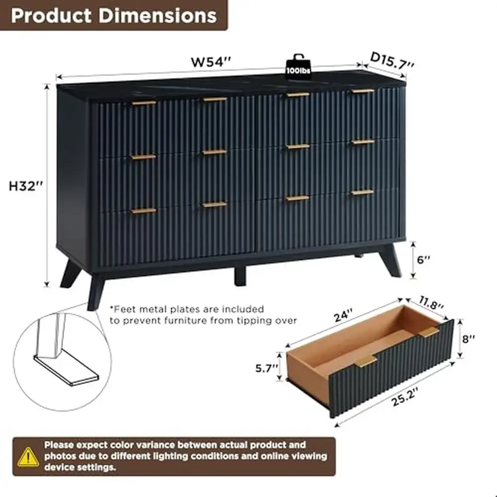 6-Drawer Fluted Dresser with Faux Marble Top Modern Chest of Drawers TV Stand Curved Profile Design Spacious Storage Solution