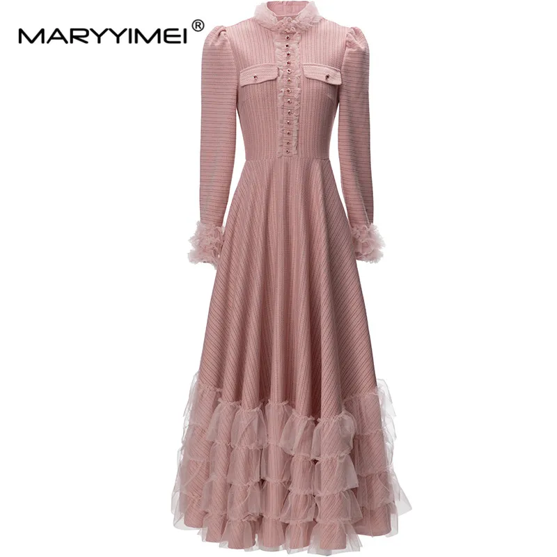 

MARYYIMEI New Fashion Designer Dress Women's Turtleneck Long Sleeve Rhinestone Single Breasted Cascading Mesh Ruffle Dress